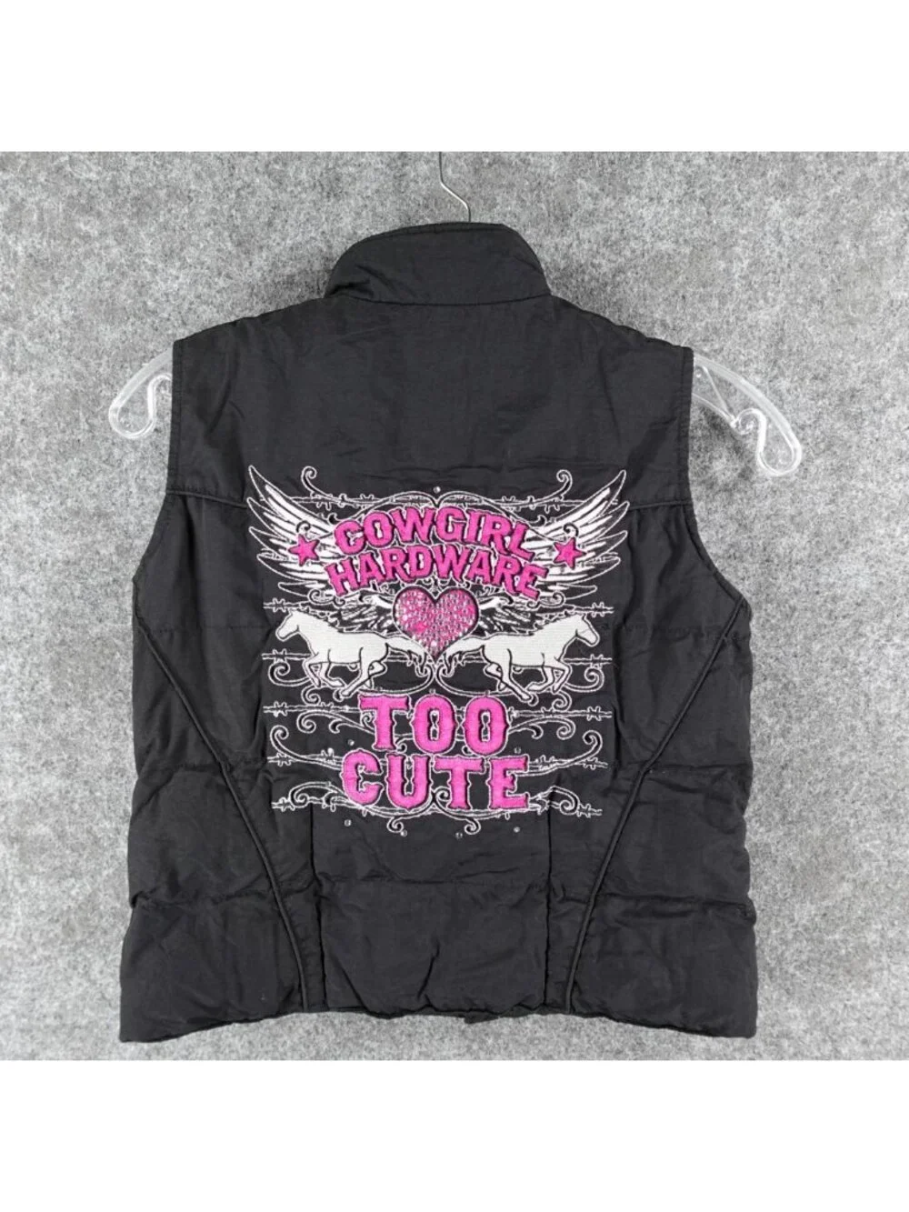 Cowgirl Hardware Puffer Vest Womens S Black Too Cute Embroidery Heart Rhinestone